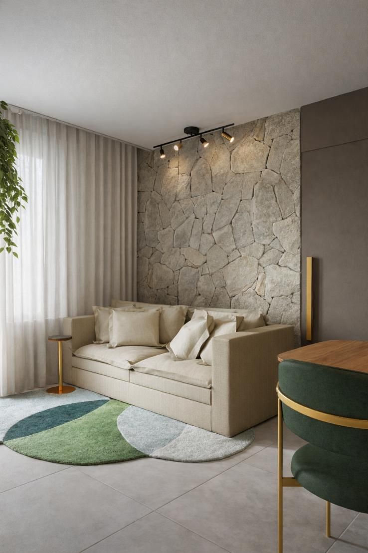 Sala de estar com parede em pedra