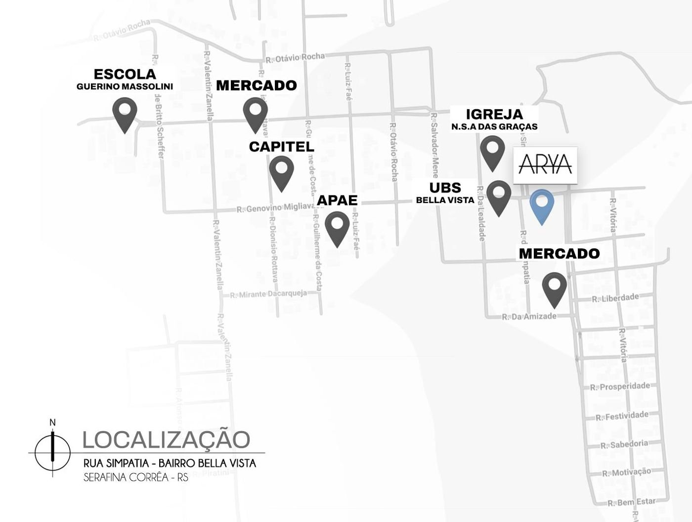 Mapa com escola, mercados, UBS e igreja próximos