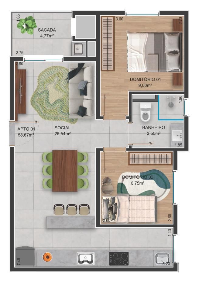 Planta humanizada do apartamento final 01, 2 dormitórios, 58,67 m²