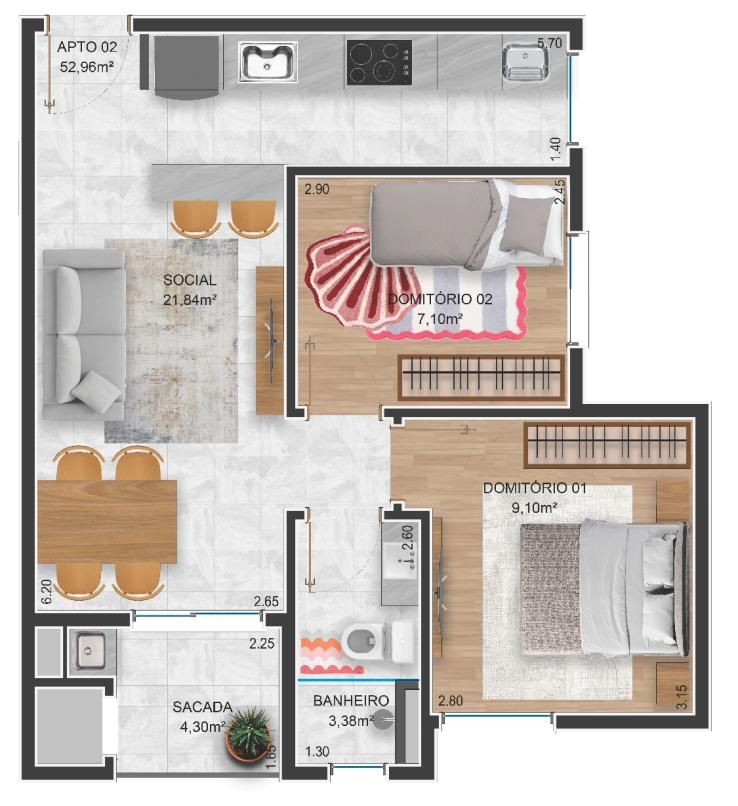 Planta humanizada do apartamento final 02, 2 dormitórios, 52,96 m²