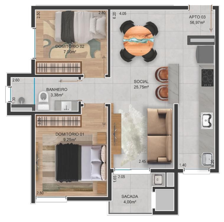 Planta humanizada do apartamento final 03, 2 dormitórios, 56,97 m²