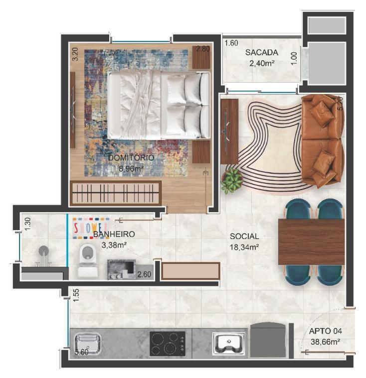 Planta humanizada do apartamento final 04, 1 dormitório, 38,66 m²